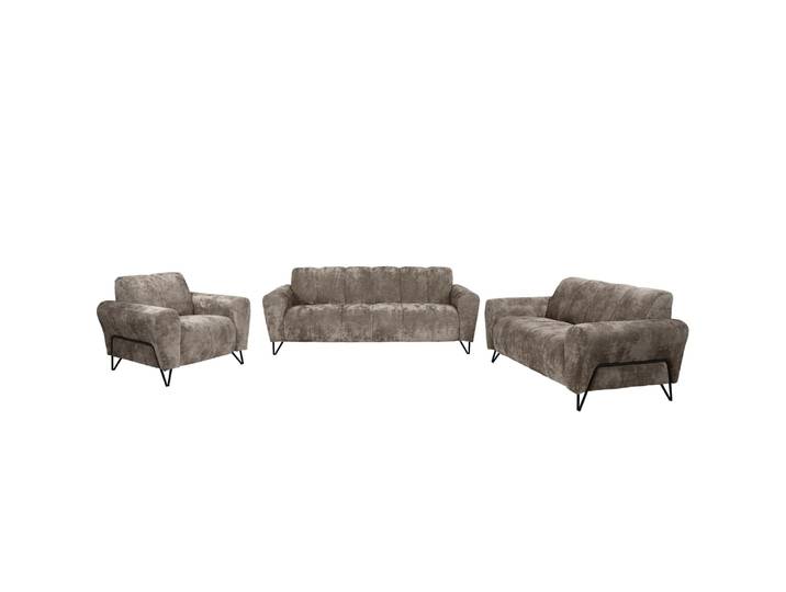 Polsterset VOLARE - Moderner Sitzgarnitur - Sessel + Sofa 2-Sitzer & 3-Sitzer - Chenille Vega in Cappuccino, dekorative schwarze Metallbeine