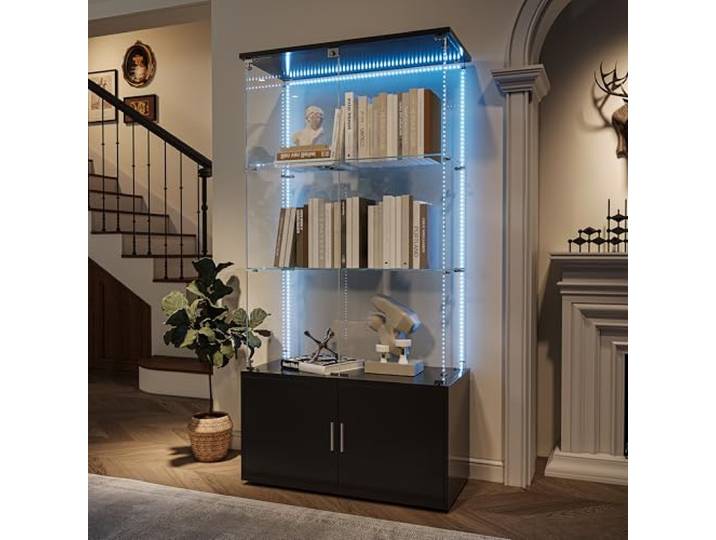Glasvitrine mit LED-Beleuchtung, Vitrinenschrank mit Schloss, Glasvitrine Staubdicht für Sammlungen, Standvitrine Glasschrank für Wohnzimmer Schlafzimmer (Schwarz+Lichtstreifen, 3 Schichten+Schrank)