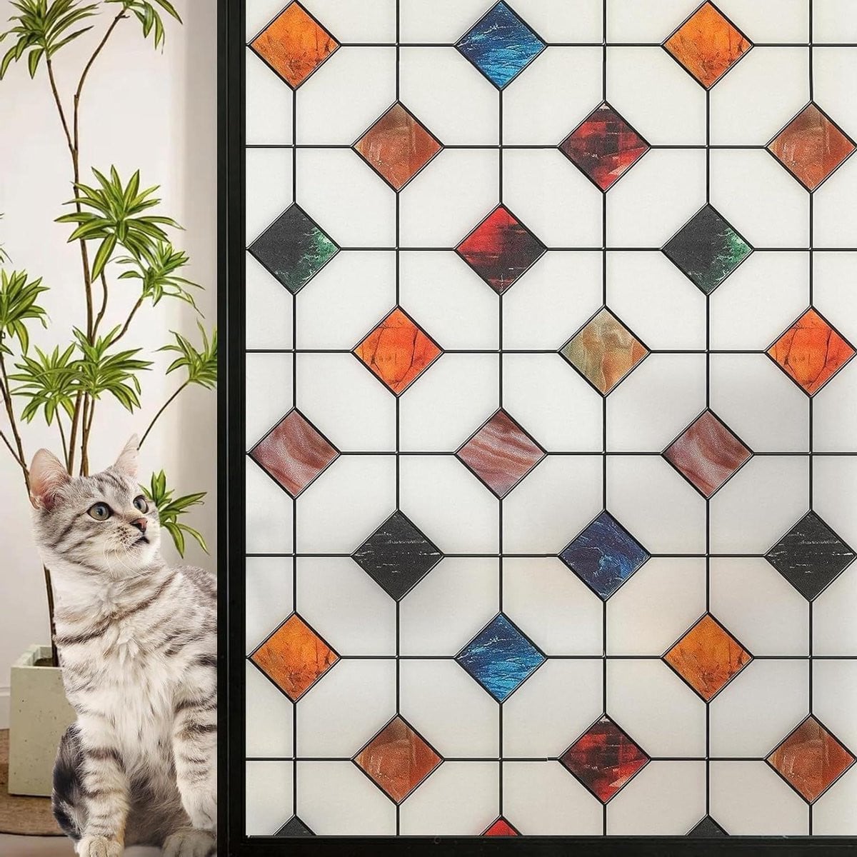 Multicolor Raamfolie met Diamantpatroon voor Privacy en Decoratie - 90 x 200 cm