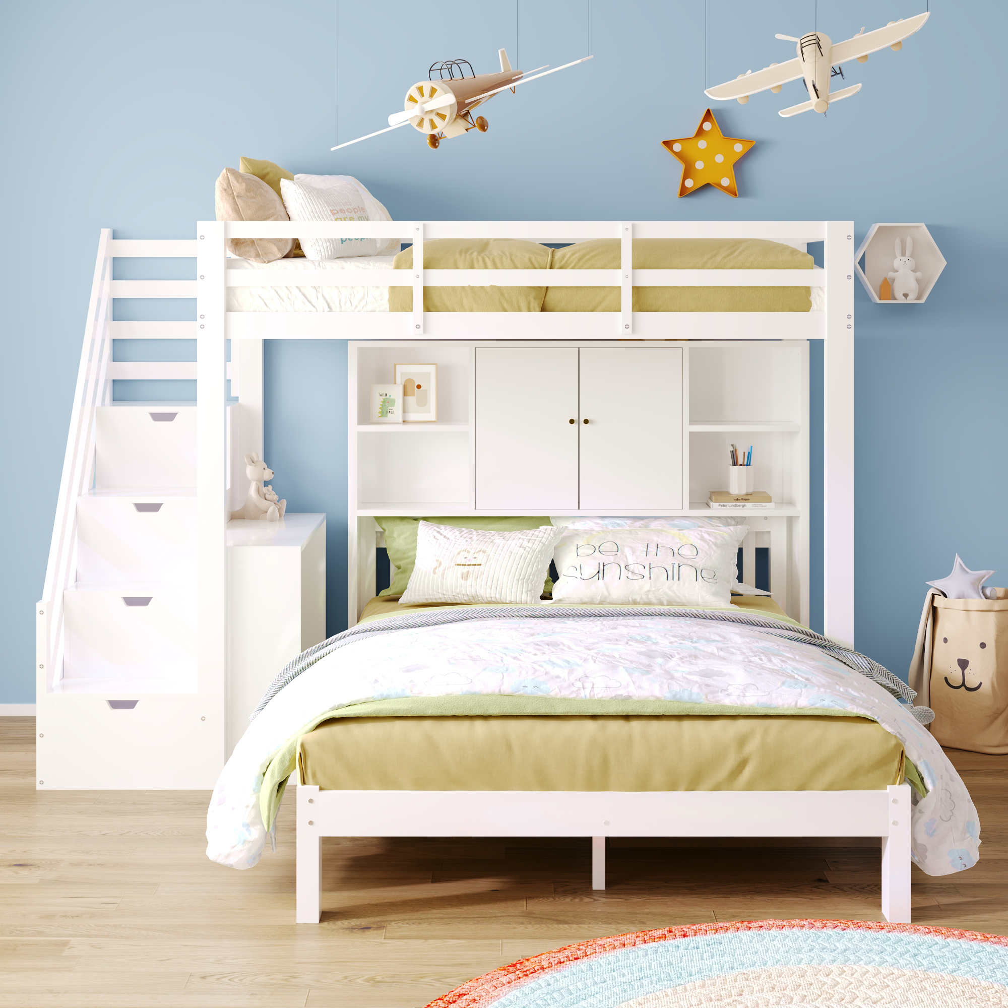 Merax Etagenbett mit Rausfallschutz und Treppe, Hochbett mit Lagerregal und Beistelltisch, Kinderbett mit großem Stauraum,Stockbett 90x200cm/140x200cm