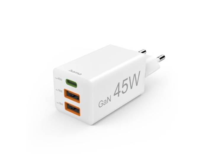 Hama GaN Schnellladegerät, USB, Power Delivery/Quick Charge 3.0, 45 W Ladegerät mehrfach, weiß, USB C, USB A, Handy Tablet Laptop Universal Ladegerät, Netzstecker USB Schnellladen, USB C Netzteil