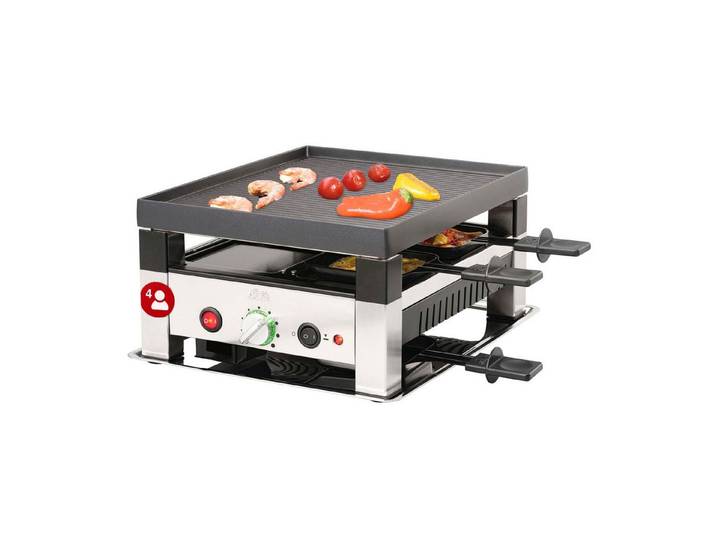 SOLIS OF SWITZERLAND Raclette Raclette & Pizza Grill for 4, Typ 7910, 4 Raclettepfännchen, 1020 W, Wendbare Grillplatte, zuschaltbare Unterhitze, Kaltzone
