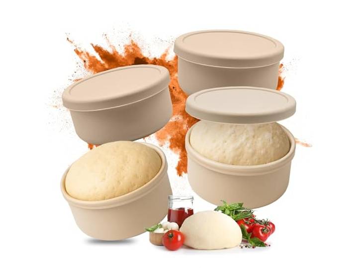 Relaxdays Boîte à pâte\, Lot de 4\, Silicone\, jusqu'à 350 g de pâte\, congélable\, H x P : 6\,5 x 14\,5 cm\, Beige