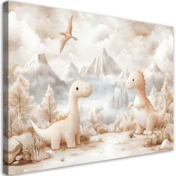 LEINWANDBILD für Kinderzimmer Entzückende kleine Dinosaurier Beige Landschaft 90x60cm