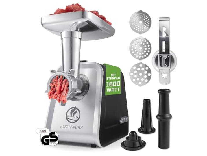 KOCHWERK elektrischer Fleischwolf mit verschiedenen Aufsätzen verarbeitet bis zu 2000g/min Hackfleisch, Kibbeh, Churros, Wurst & mehr auf Knopfdruck leichte Bedienung und Reinigung [1600W]