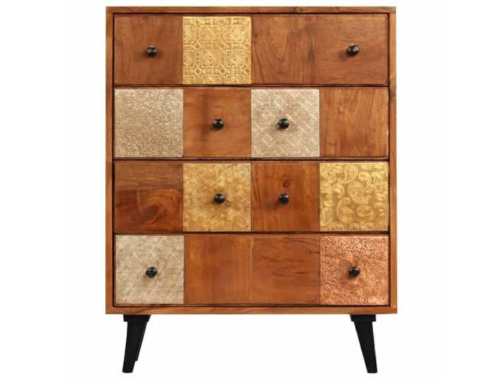 RJPLMFV Kommode mit 4 Schubladen aus massivem Akazienholz, 60 x 30 x 75 cm Warmes Honig-Finish, Griffe, dekoratives Metall, Wandbefestigung inklusive, einzigartige Maserung
