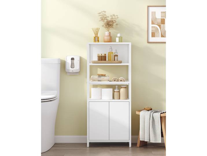 Armoire de salle de bain avec 2 portes et étagère ouverte, étagère en maille métallique ventilée, étagère réglable, pour salle de bain, salon, blanc