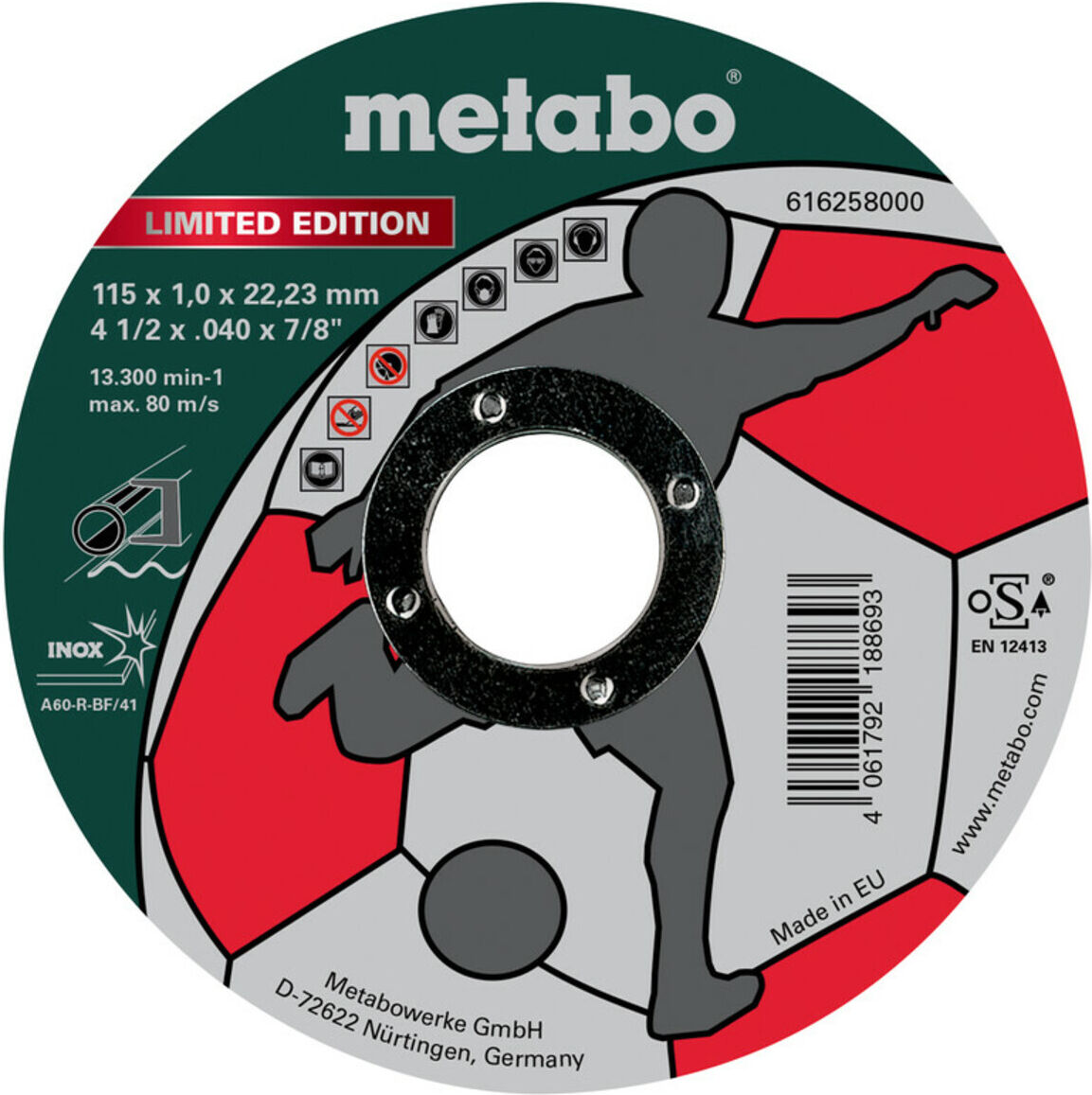 Metabo Limited Edition Soccer 115 x 1,0 x 22,23 mm, Inox, Trennscheibe, gerade Ausführung (616258000)