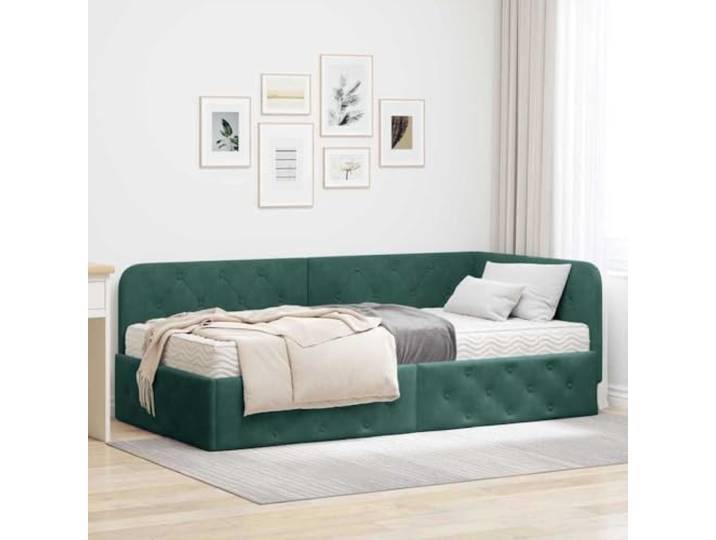 KTHLBRH Eckbett Samt Dunkelgrün 90 x 200 cm Platzsparendes Design, umkehrbares Kopfteil, Sofabett, robustes Sperrholz