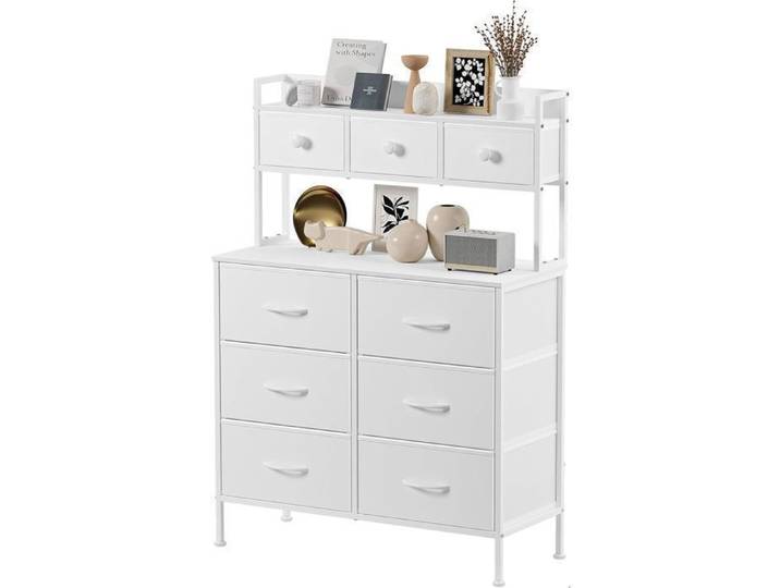 Commode 9 Tiroirs En Tissu Commode Chambre NETTAESENO Commode En Tissu Meuble de Rangement 35 x 80 x 130 cm Métal & MDF Blanc