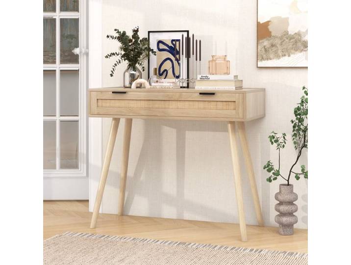 Table console en rotin avec tiroir style bohème table d'entrée ou d'appoint bois naturel
