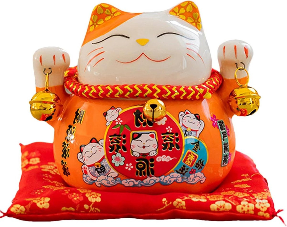 Maneki Neko Feng Shui Gelukskat Decoratie - Keramische Figuur voor Thuis - Hoogte: 11,5 cm