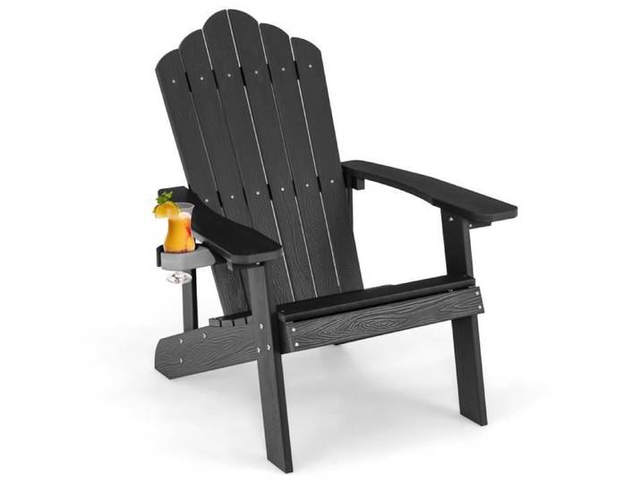 COSTWAY Fauteuil de Jardin Adirondack en HIPS Bois Massif Imperméable avec Porte-Gobelet Charge 170KG pour Piscine Terrasse Noir