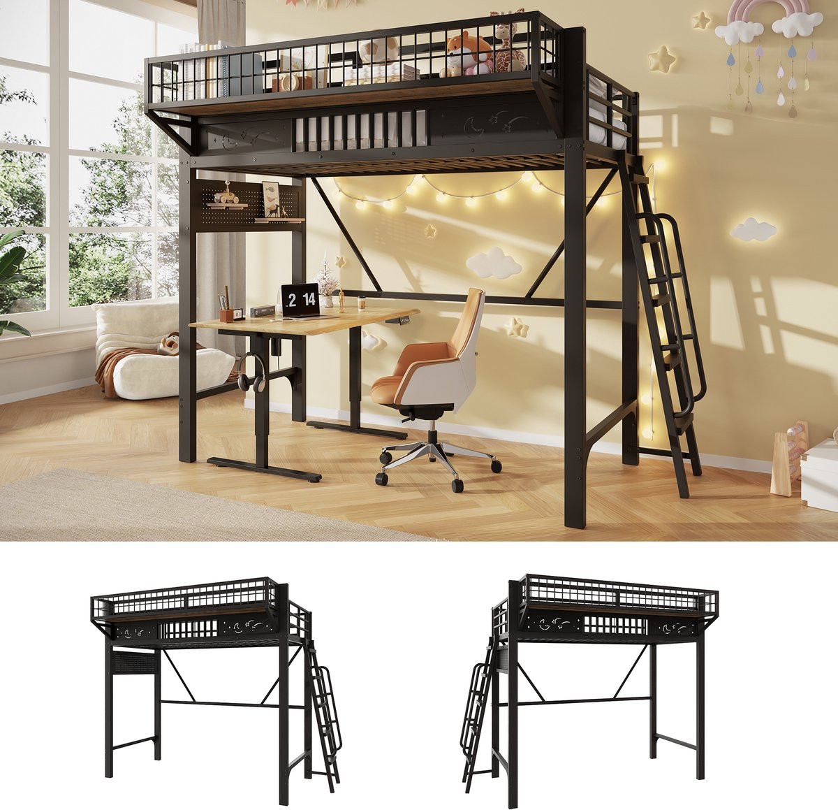 Zubaliya Kinderhoogbed met opbergkasten en lades, metalen bedframe, zwart, 90 x 200 cm