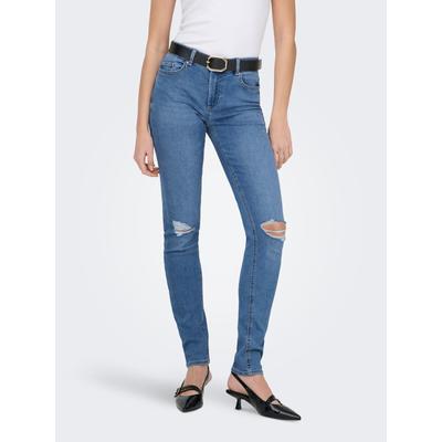 Skinny-fit-Jeans ONLY "ONLSUMI MID WAIST KNEE DES SK DNM BOX", Damen, Gr. XS (34), Länge 30, blau (light blau denim), Denim/Jeans, Obermaterial: 65% Baumwolle, 18% Polyester, 15% Viskose, 2% Elasthan, Destroyed-Effekte, unifarben, skinny fit lang,...