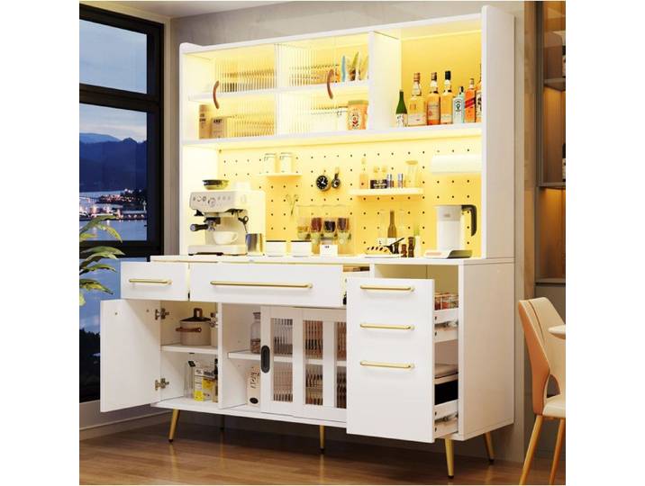COVREO Buffet de cuisine LED blanc en MDF porte coulissante tiroirs panneau pegboard verre