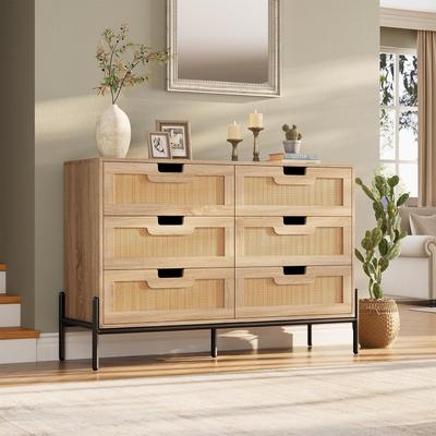 Yun Natural Rattan 6 Drawer Dresser Boho Dresser with Chest of Drawers Modern Storage Cabinet