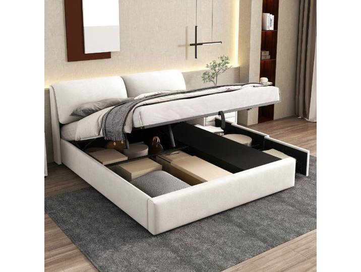 Lit rembourré - LANGTU - 180x200 - Hydraulique - 3 tiroirs & coffre - Velours beige