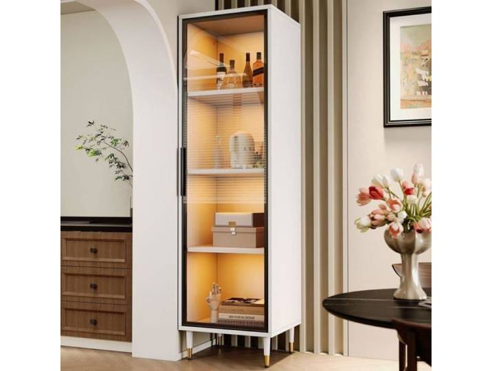 Vitrine blanc décorative en verre hauteur 170 cm socle verre teinté et LED à couleurs changeantes