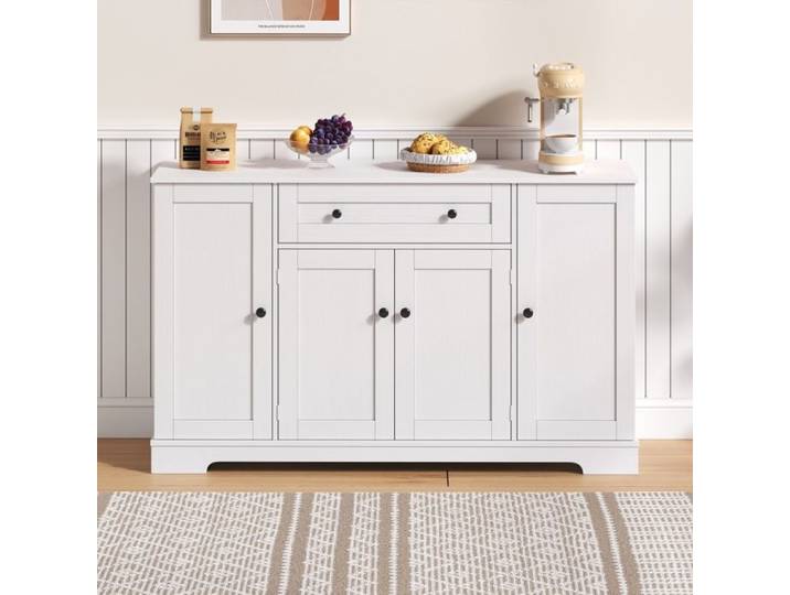 Buffet Bahut de Cuisine 4 Portes 1 Tiroir avec Rangement Porte Épices Intégré Style Chic - 138x40x85 cm - Bois MDF Blanc