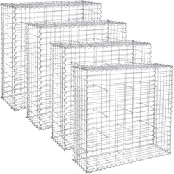4mm starke Metall Gabione 4er Set 100 x 95 x 30 cm, Steinkorb, Maschenweite 5x10 cm Verzink, robust, korrosionsbeständig, Steinmauer, silbern