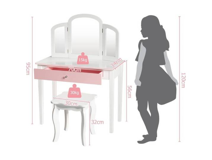 GIANTEX Coiffeuse pour Enfant avec Tabouret Miroir Pliant 1 Tiroir de Rangement Accessoire de Maquillage Style Princesse Blanc