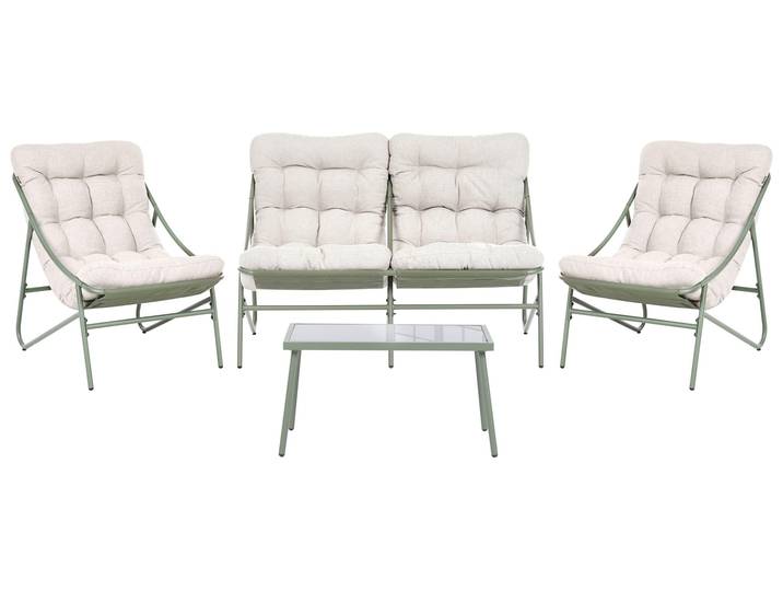 BELIANI 4-Sitzer Lounge Set Grün u. Beige Stahl 4-Teilig Modern Zweisitzer Sofa 2 Sessel mit Auflagen u. Couchtisch Outdoor Terrasse Gartenset