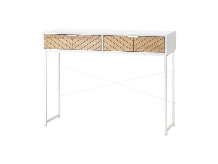 Console - Table Console Industriel 2 tiroirs Aspect Bois de chêne sculpté Motif à Chevrons piètement métal Blanc