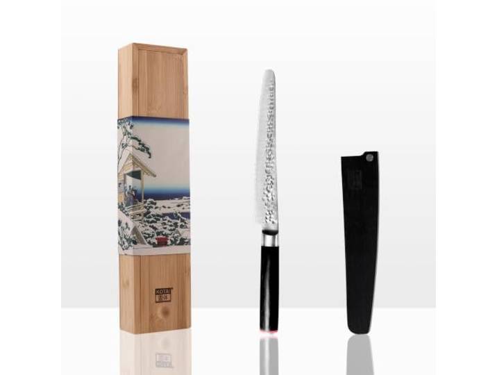 KOTAI Brotmesser Messer mit Wellenschliff 20-cm-Klinge Von Hand gehämmert und geschärft Ultrascharfer 440C-Edelstahl Pakkaholzgriff, versteckte Vollseide