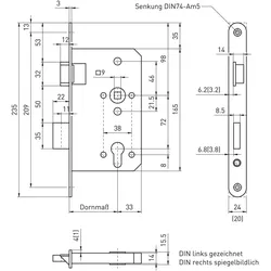 BMH, Türschloss + Schliesszylinder, Fluchttürschloss 6013 1-flg. Funktion E/EN 1125, links, Edelstahl Stulp 24