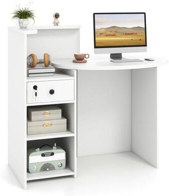 Costway Reception Office Desk with Open Shelf and Lockable Drawer-White