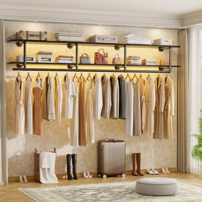 Rackcog Floating Pipe Heavy-Duty Garment Rack, Wall-Mounted Closet Organizer with Storage Shelves