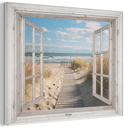 AKUSTIKBILD Fenster - Meer - Küste - Natur - Ausblick - Strand - Wattenmeer Wandbild Wohnzimmer 100x70 cm