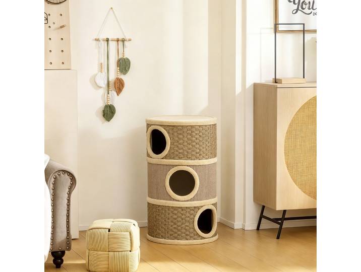 PawHut Tonneau Griffoir 79cm Ø45cm 3 Étages Sisal Kaki/Marron