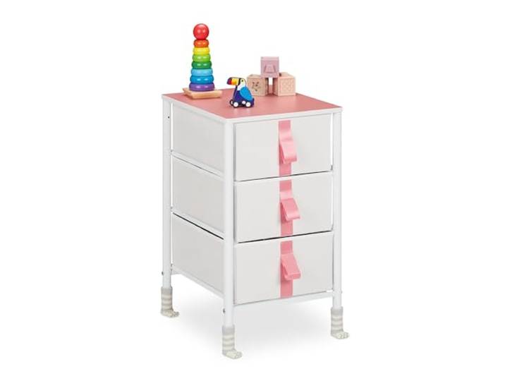 Relaxdays Meuble de Rangement pour Enfants\, 3 tiroirs\, Commode\, env. 61\,5 x 36 x 40\,5 cm\, Tissu et métal\, Blanc/Rose