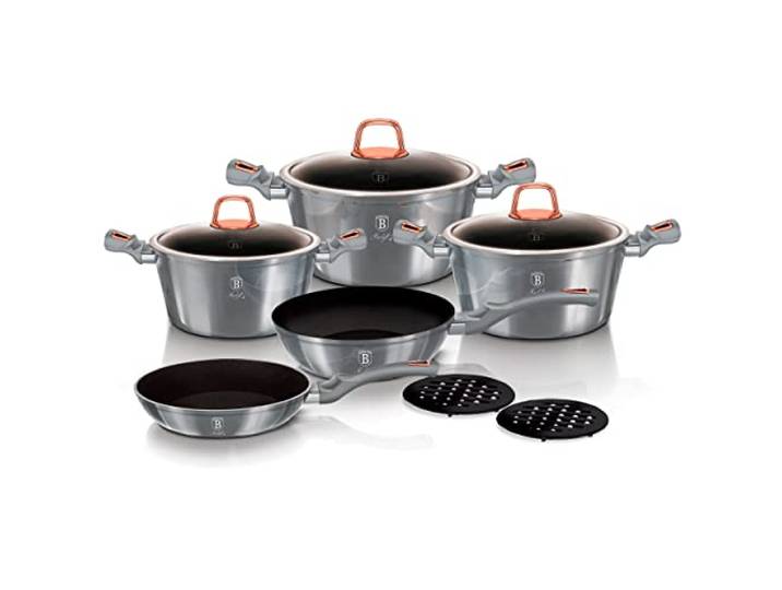 Berlinger Haus Moonlight Kochgeschirr, Induktion, 10 Stück, antihaftbeschichtet, Titan ohne PFOA, Aluminium, Set 3 Töpfe, 2 Tischdecken, Glaskeramik, Grau