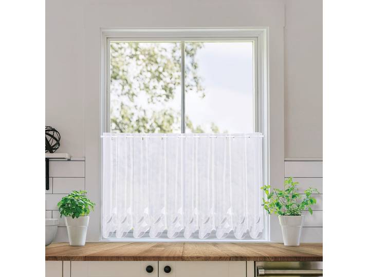 Scheibengardine GERSTER Clara, nach Maß, Durchzuglöcher, transparent Gr. 11, grau (weiß, grau), B:200cm H:30cm, Polyester, Gardinen, Scheibengardine, SB-Bistro Clara , nach Maß, maßgenaue Anfertigung