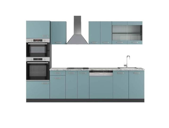 Vicco Küchenzeile R-Line, Blau-Grau, 300 cm 8 Module · Höhenverstellbare Füße · Arbeitsplatte Marmor · Robuste Fronten · Mit Backofen-/Mikrowellenschrank
