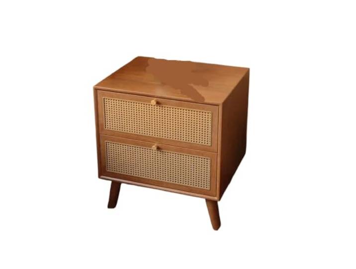 DASJKDI Nachttisch aus massivem Holz Schlafzimmerschrank aus Rattangeflecht(Wood color45X40X50CM)