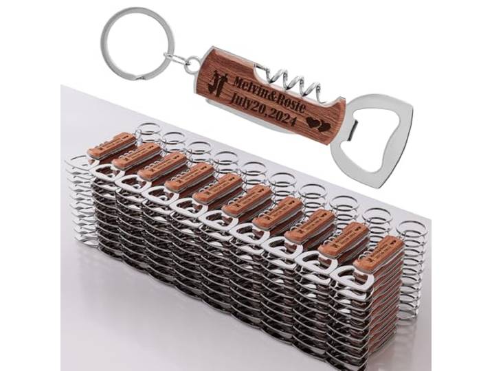 100 Stück Personalisierte Multifunktionale Rosenholz Flaschenöffner für Hochzeitsparty, Hochzeitsgeschenke für Gäste, gravierte Flaschenöffner Schlüsselanhänger.