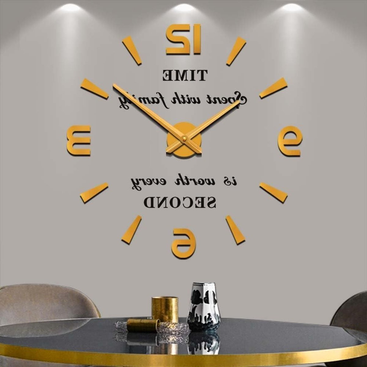 Moderne Stille DIY Frameless Grote Wandklok met 3D Spiegelstickers voor Thuis en Kantoor in Goud