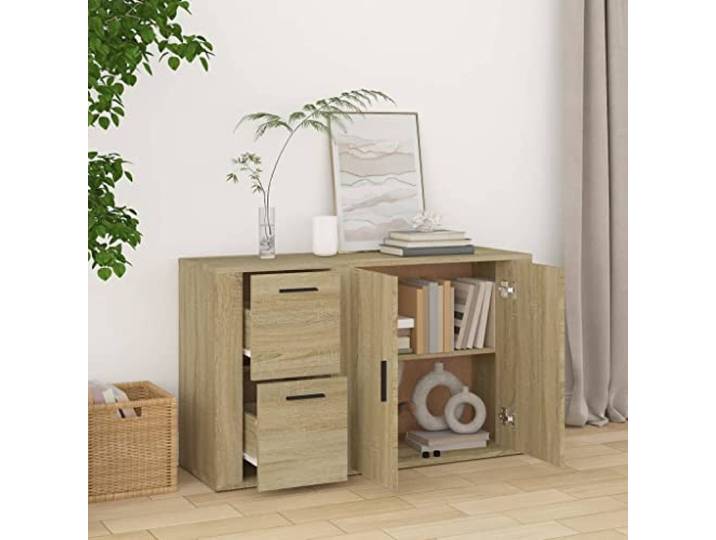 KTHLBRH Sideboard Eiche Sonoma 100 x 33 x 59,5 cm Holz mehrschichtig Klassisches Design, großer Stauraum, Ausstellungsfläche, einfache Reinigung