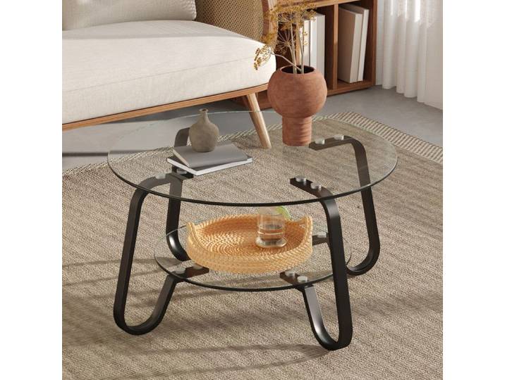 LUSCRIATE - Table basse verre trempé double niveau Table salon cadre métal rangement pratique robuste style rétro minimaliste - Noir