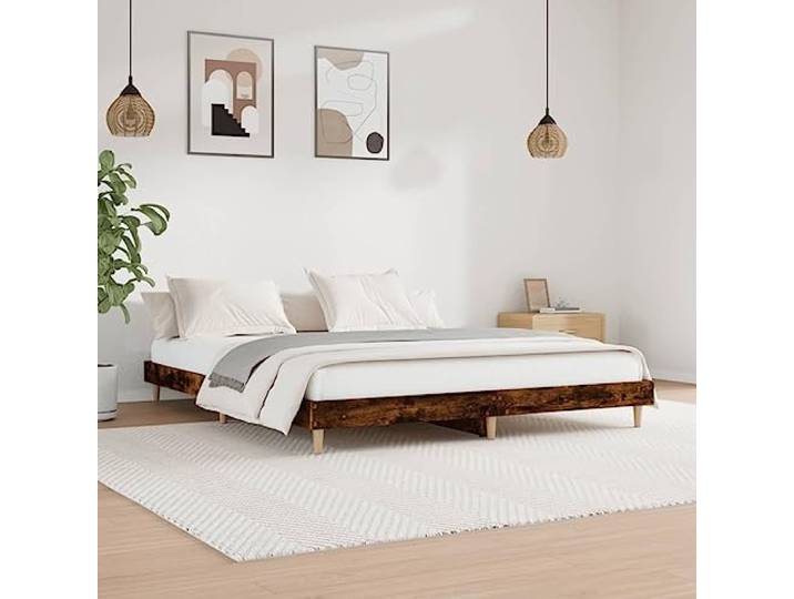 RJPLMFV Bettgestell, 150 x 200 cm, Raucheiche, Holz Ohne Matratze, Lattenrost inklusive, stabile Holzbeine, Lattenrost, Schlafzimmer