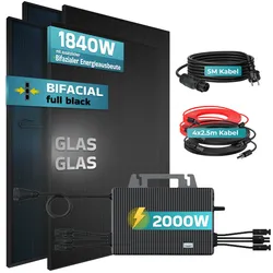 SUNNIVA® 1840W Balkonkraftwerk mit 2000W Wechselrichter TSUN, BIFAZIAL FULLBLACK komplett Steckdose, PV Solaranlage Komplettset mit 5m Anschlusskabel und 4x2.5m Solarkabel, 4x 460W N-Type Glas-Glas