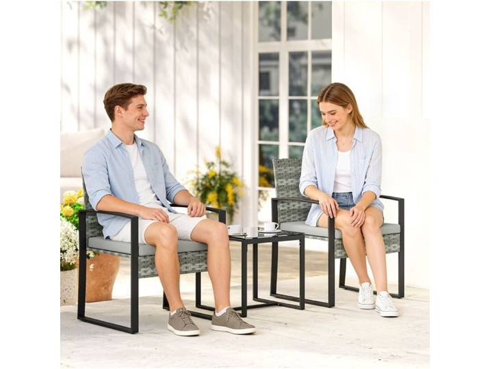 WOVREO salon de jardin 3 pièces pour 2 personnes avec 2 fauteuils table en verre trempé et coussins gris clair