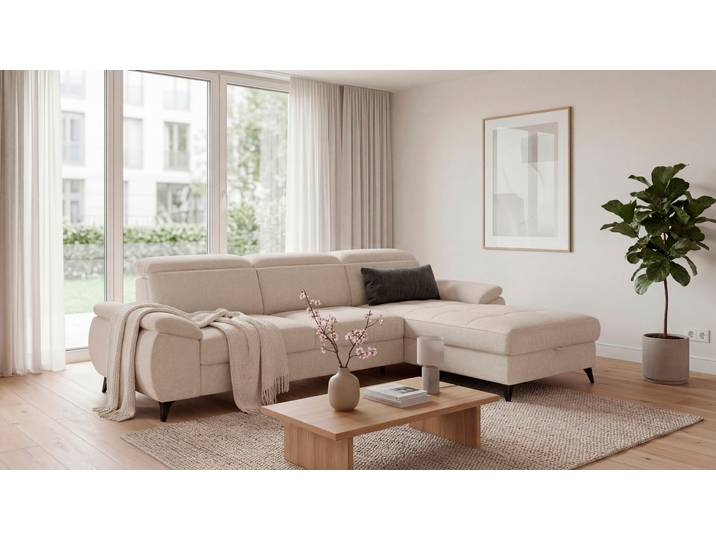 Ecksofa EXXPO - SOFA FASHION TAOS bequem, komfortabel durch Kopfteilverstellung, Breite 281cm , beige (cappuccino), B:281cm H:78cm T:166cm, Sofas, Ecksofa, inkl. Bettfunktion und Bettkasten,toller Sitzkomfort, Steppung im Sitz
