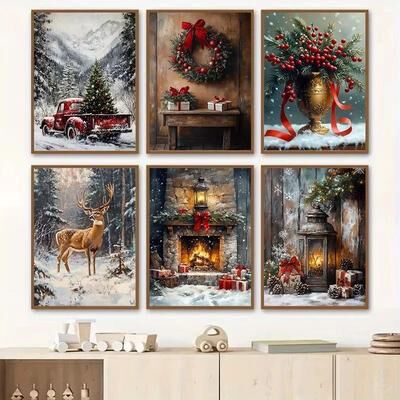 Inspired Finds Vintage Red Truck Christmas Canvas Wall Art Nordic Winter Scene With Reindeer Decor 7.87x11.81in rustic Wreath Charm