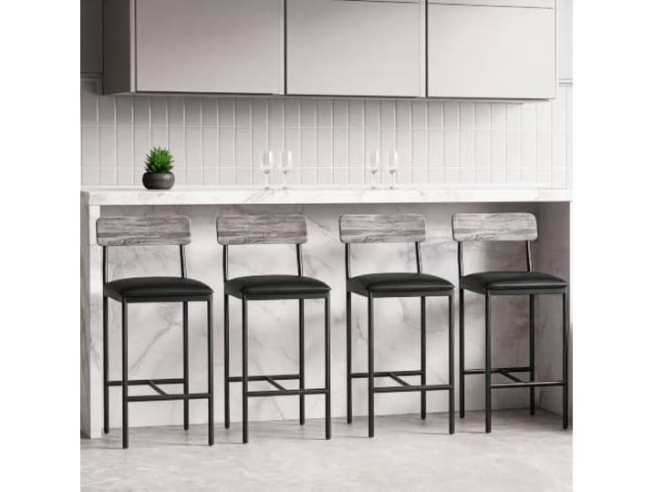 GarveeMore 4er-Set Barhocker, 65 cm Sitzhöhe, PU-Polsterung, Rückenlehne Industrial-Stil, Fußstütze, bequeme Sitzfläche, stabile Konstruktion, pflegeleichter Bezug, einfache Montage, für Tresen