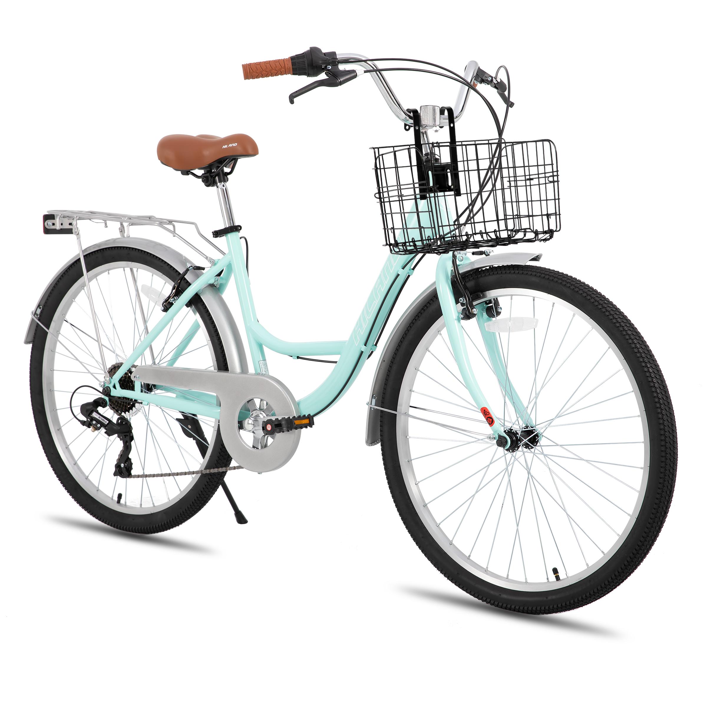 Hiland 26 Zoll Cityräder für Erwachsene, Step-Through Rahmen Damenfahrrad mit Gepäckträger, Herren und Damen 7 Gang City-Pendlerfahrrad
